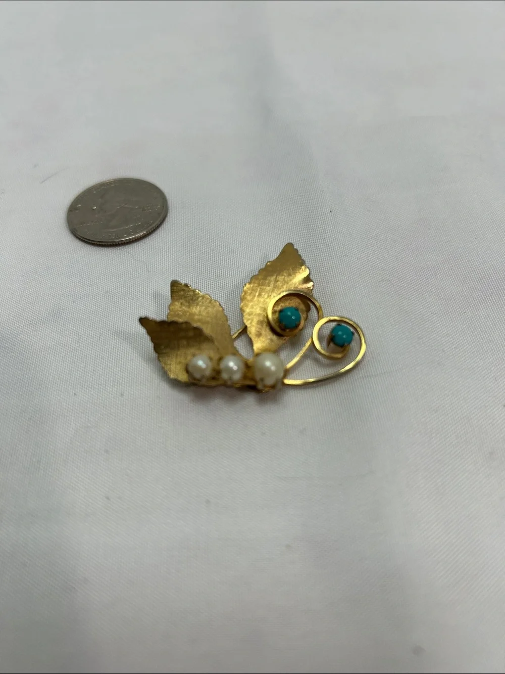 Gold-Tone Leaf Brooch with Turquoise Stones and Pearl Beads